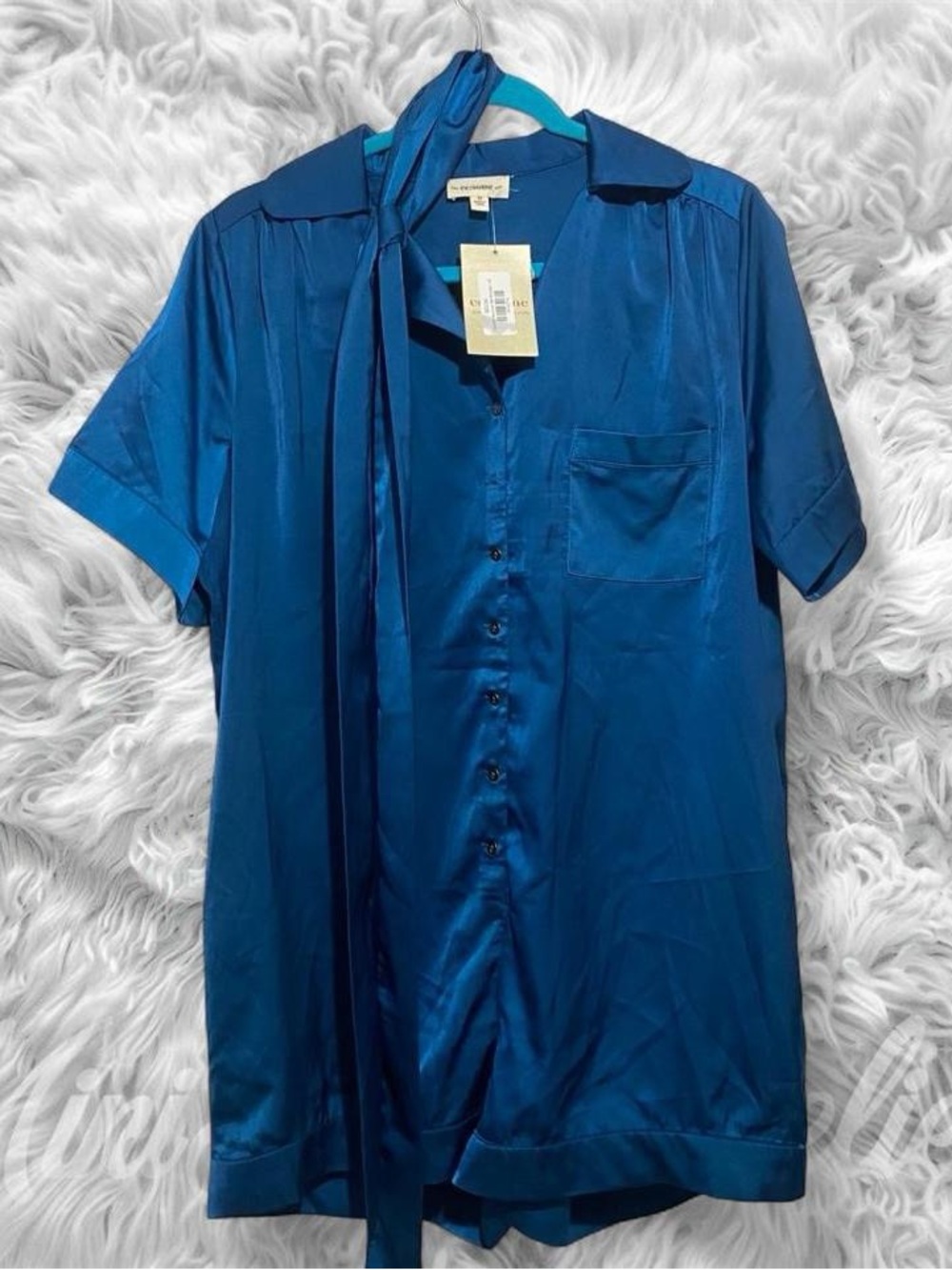 eesome Blue Satin Short-Sleeve Button-Down with Neck Tie